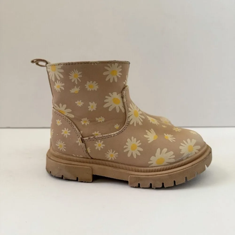 Cat & Jack Girls Size 8 Daisy Floral Ankle Boots Pink Tan Side Zip